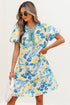Patchwork Striped Trim Puff Short Sleeve Floral Dress