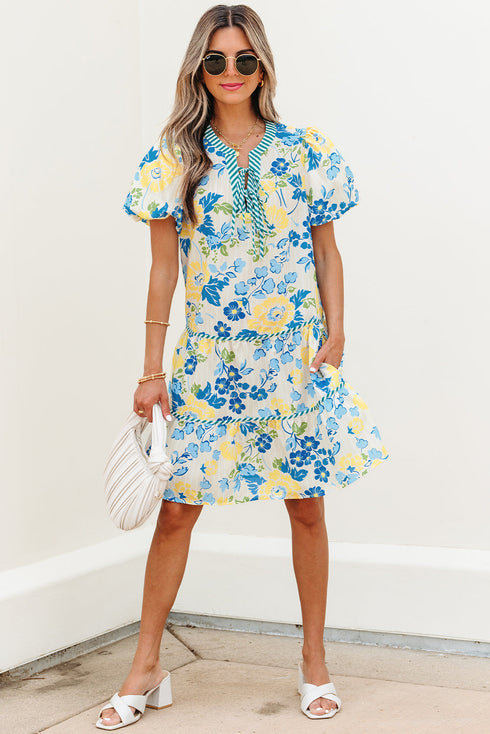 Patchwork Striped Trim Puff Short Sleeve Floral Dress