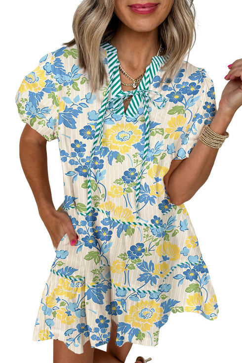 Patchwork Striped Trim Puff Short Sleeve Floral Dress