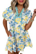 Patchwork Striped Trim Puff Short Sleeve Floral Dress