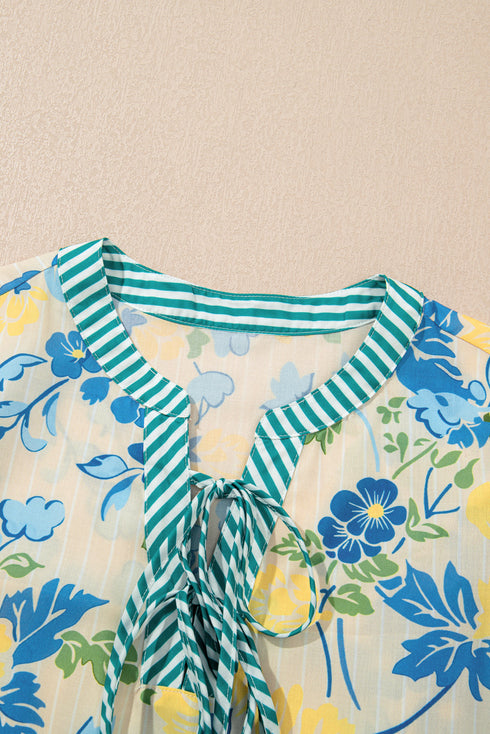 Patchwork Striped Trim Puff Short Sleeve Floral Dress