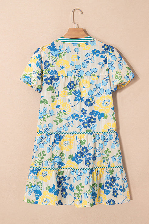 Patchwork Striped Trim Puff Short Sleeve Floral Dress