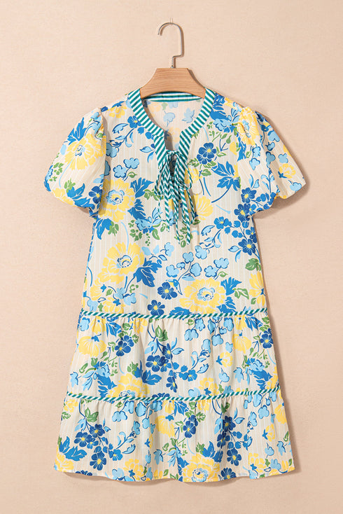 Patchwork Striped Trim Puff Short Sleeve Floral Dress