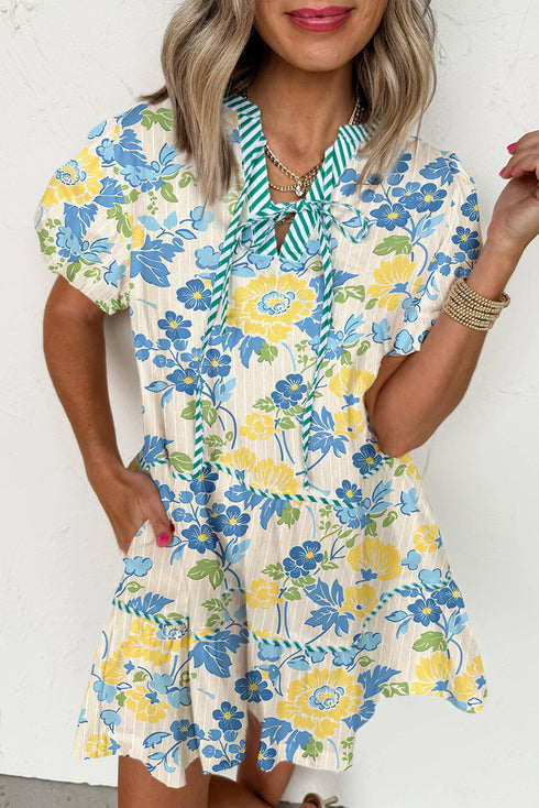Patchwork Striped Trim Puff Short Sleeve Floral Dress