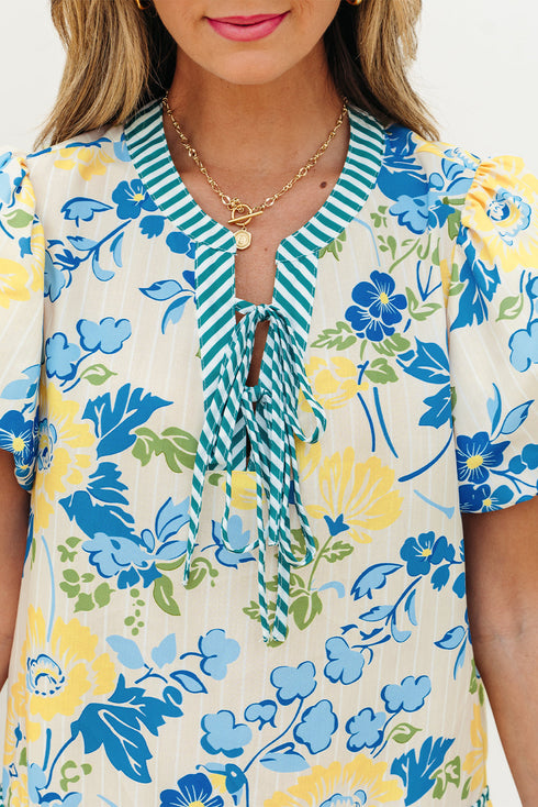 Patchwork Striped Trim Puff Short Sleeve Floral Dress