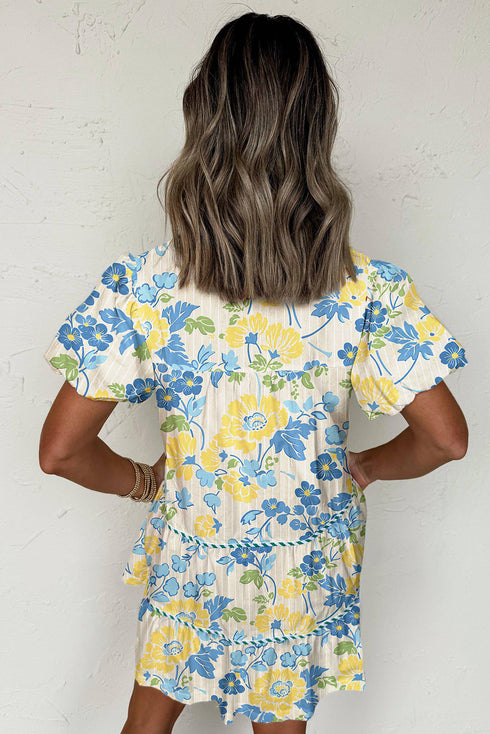 Patchwork Striped Trim Puff Short Sleeve Floral Dress