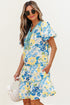Patchwork Striped Trim Puff Short Sleeve Floral Dress