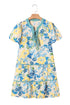 Patchwork Striped Trim Puff Short Sleeve Floral Dress