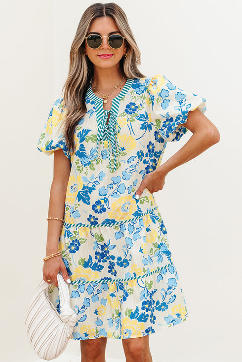 Patchwork Striped Trim Puff Short Sleeve Floral Dress