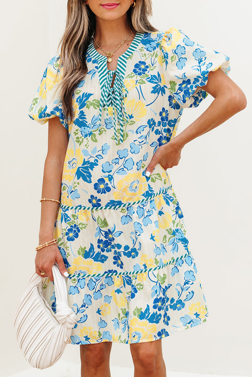 Patchwork Striped Trim Puff Short Sleeve Floral Dress