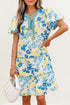 Patchwork Striped Trim Puff Short Sleeve Floral Dress