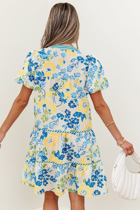 Patchwork Striped Trim Puff Short Sleeve Floral Dress
