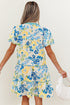 Patchwork Striped Trim Puff Short Sleeve Floral Dress