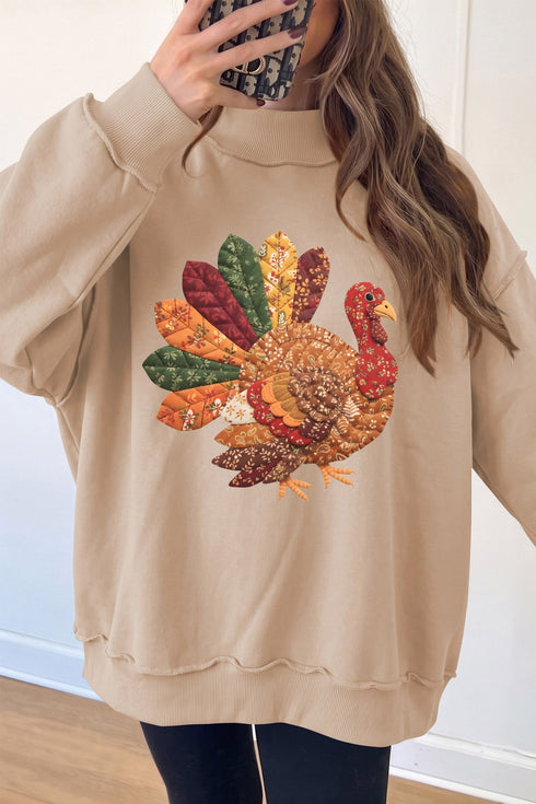 Patchwork Turkey Graphic Mock Neck Rustic Inspired Sweatshirt