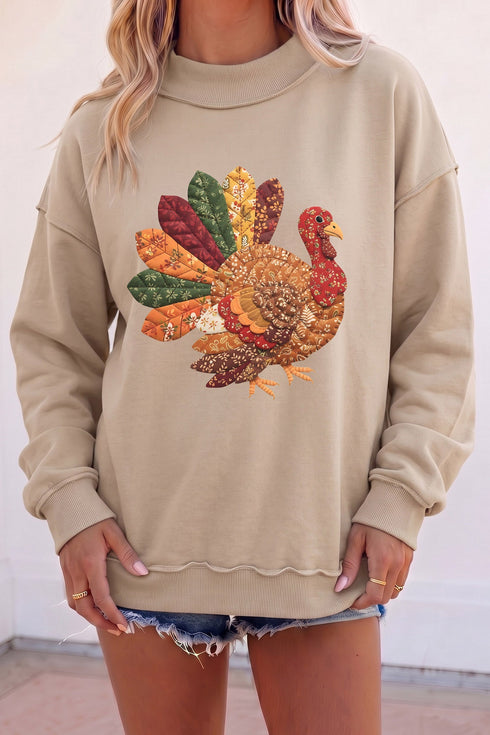 Patchwork Turkey Graphic Mock Neck Rustic Inspired Sweatshirt