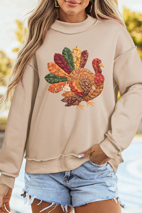 Patchwork Turkey Graphic Mock Neck Rustic Inspired Sweatshirt