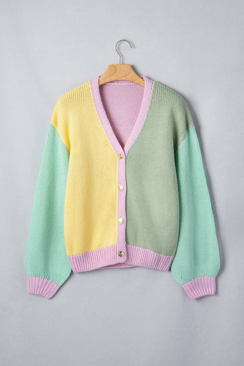 Patchwork V Neck Drop Shoulder Knitwear Cardigan
