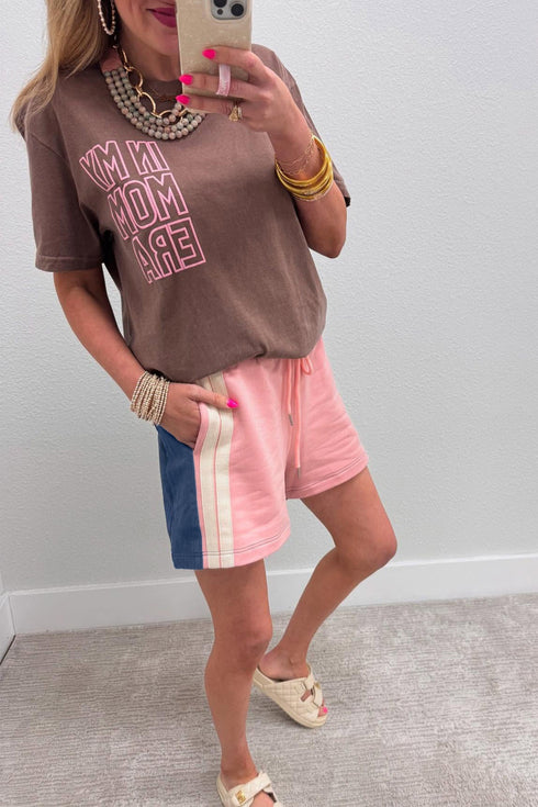 Patchwork Varsity Striped Elastic Waist Drawstring Casual Shorts