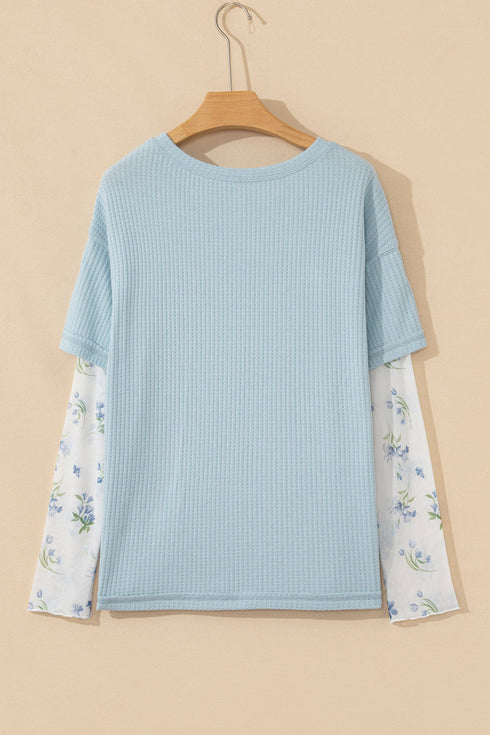 Patchwork Waffle Knit Layered Floral Lace Long Sleeve Top