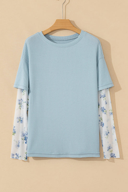 Patchwork Waffle Knit Layered Floral Lace Long Sleeve Top