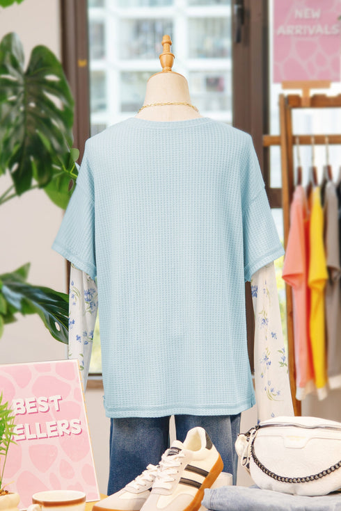 Patchwork Waffle Knit Layered Floral Lace Long Sleeve Top