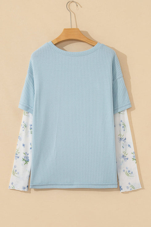Patchwork Waffle Knit Layered Floral Lace Long Sleeve Top