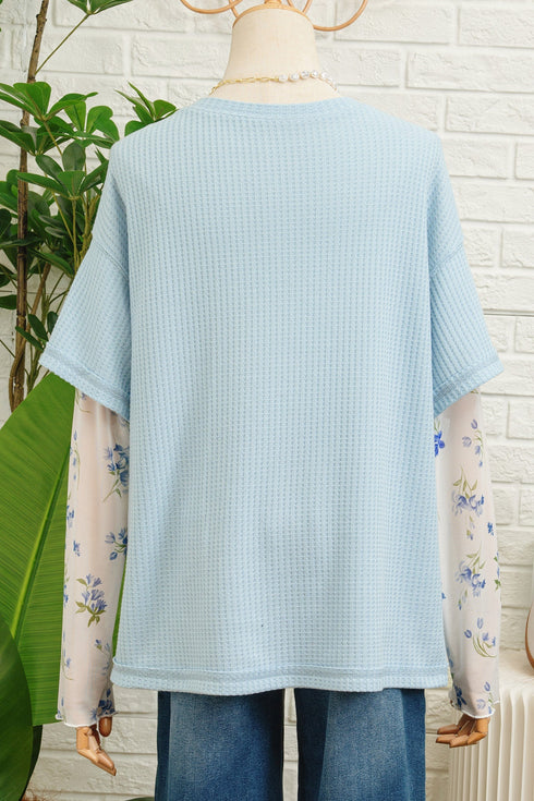 Patchwork Waffle Knit Layered Floral Lace Long Sleeve Top