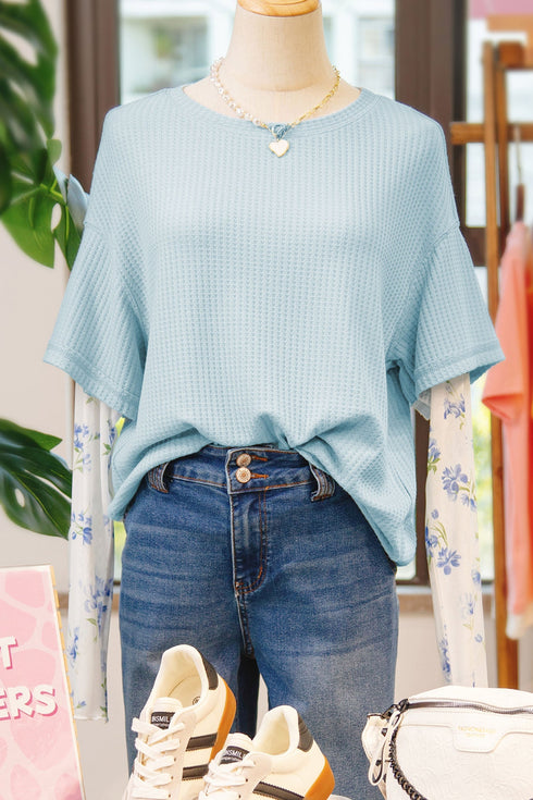 Patchwork Waffle Knit Layered Floral Lace Long Sleeve Top