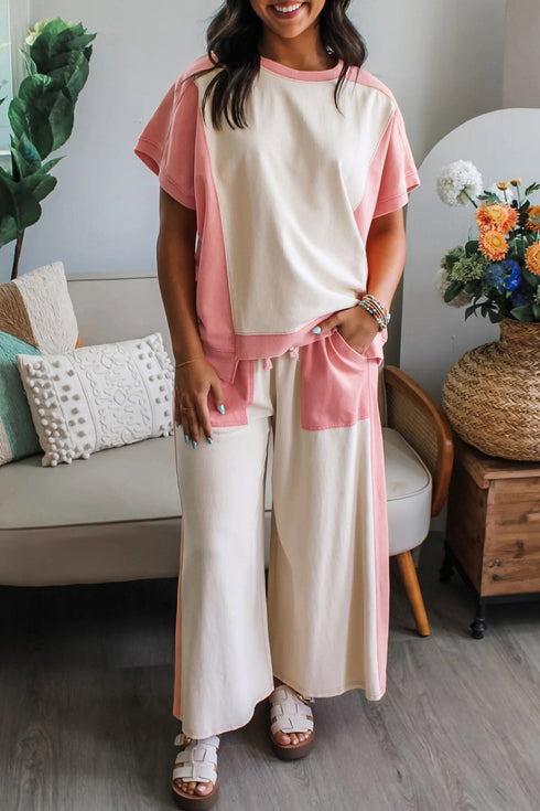 Patchwork Wide Leg Drawstring Two Piece Pant Set
