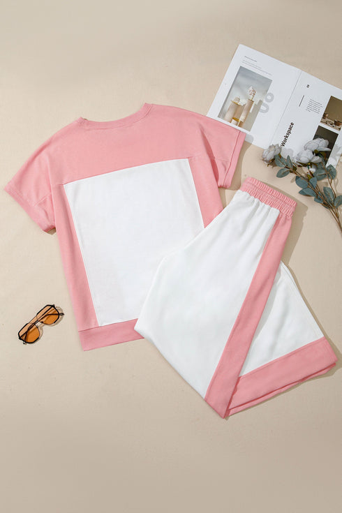 Patchwork Wide Leg Drawstring Two Piece Pant Set