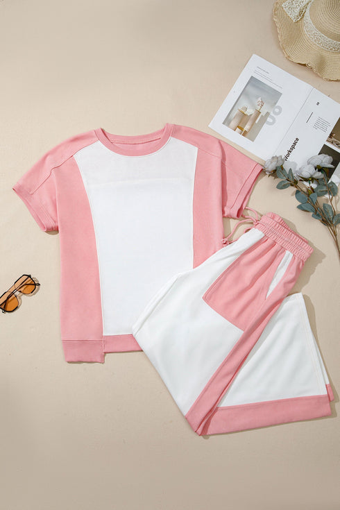 Patchwork Wide Leg Drawstring Two Piece Pant Set
