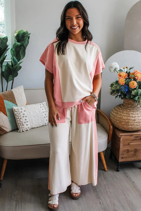 Patchwork Wide Leg Drawstring Two Piece Pant Set