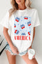 Patriotic America Bow Cherry Graphic Crew Neck Celebration Tee Shirt