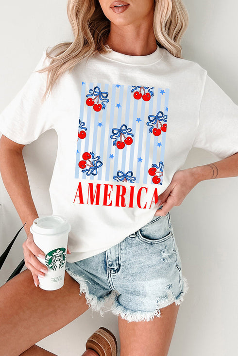Patriotic America Bow Cherry Graphic Crew Neck Celebration Tee Shirt