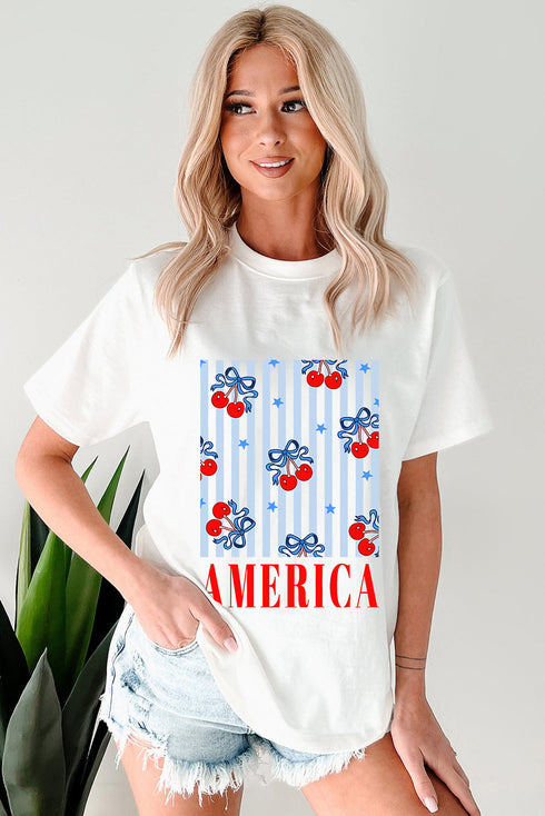Patriotic America Bow Cherry Graphic Crew Neck Celebration Tee Shirt