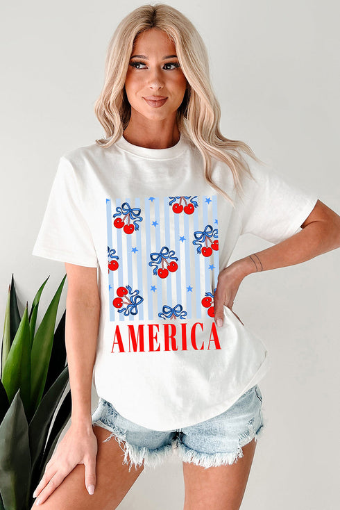 Patriotic America Bow Cherry Graphic Crew Neck Celebration Tee Shirt