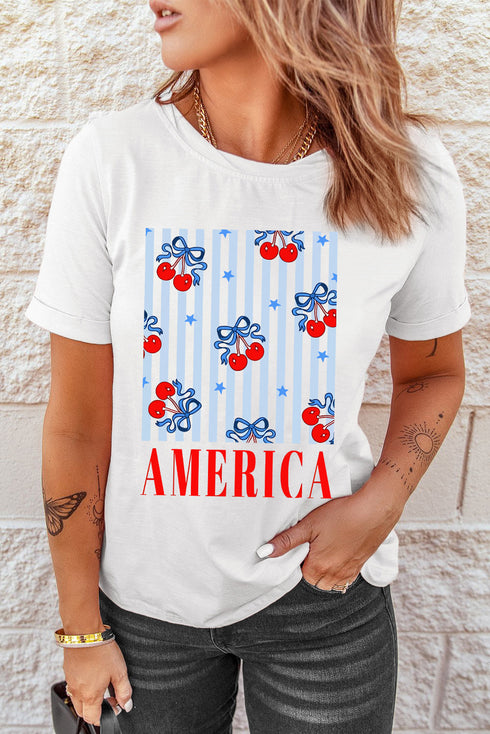 Patriotic America Bow Cherry Graphic Crew Neck Celebration Tee Shirt