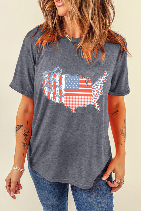 Patriotic American Flag Map Bow Graphic Summer Celebration Tee Shirt