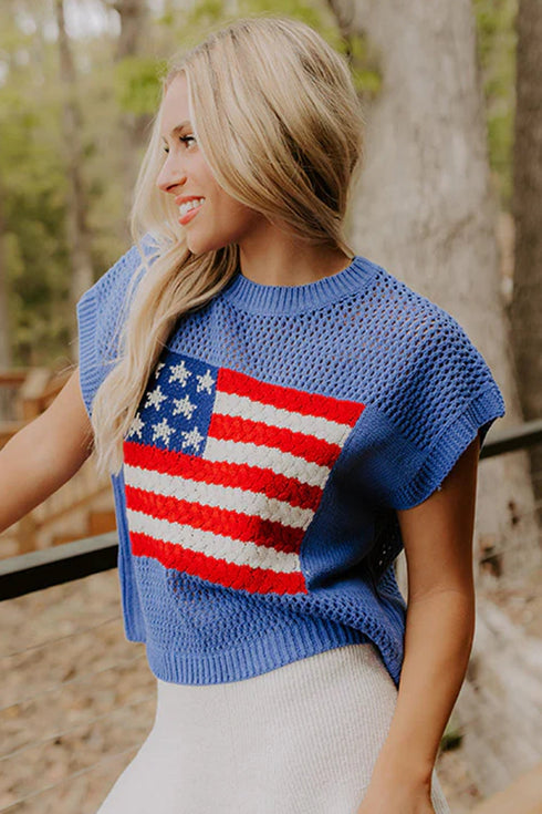 Patriotic Americana Flag Graphic Knit Short Sleeve Sweater