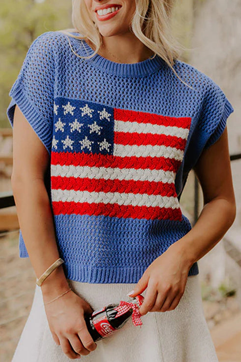 Patriotic Americana Flag Graphic Knit Short Sleeve Sweater