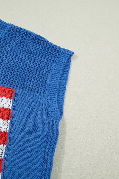 Patriotic Americana Flag Graphic Knit Short Sleeve Sweater