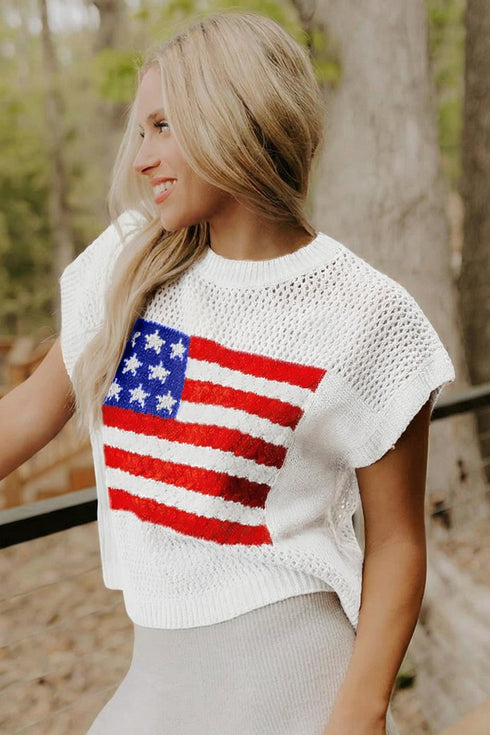 Patriotic Americana Flag Graphic Knit Short Sleeve Sweater