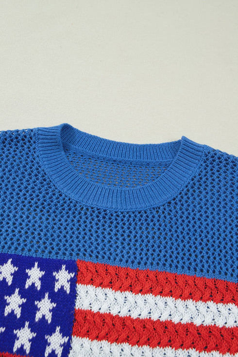 Patriotic Americana Flag Graphic Knit Short Sleeve Sweater