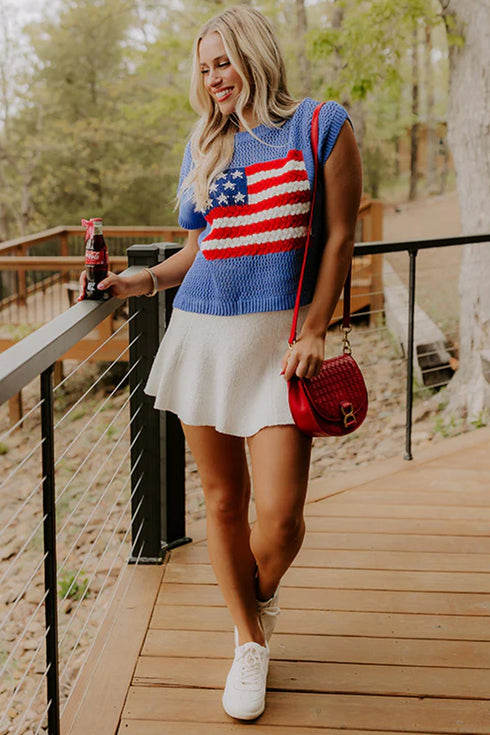 Patriotic Americana Flag Graphic Knit Short Sleeve Sweater