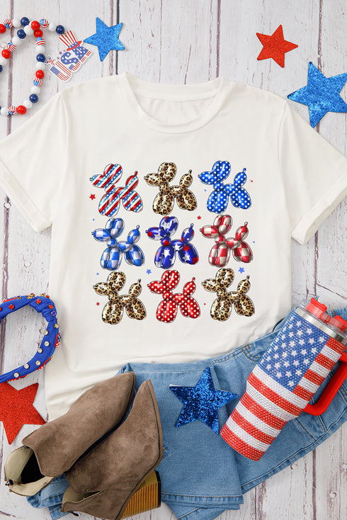 Patriotic Balloon Dog Leopard Print Graphic Tee Shirt