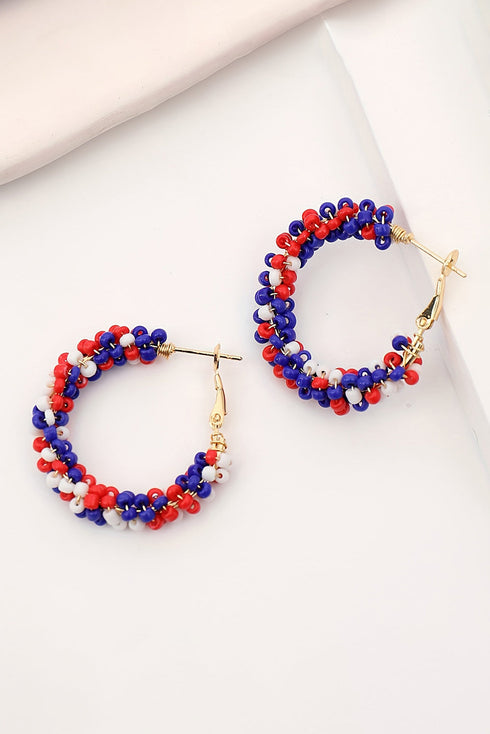 Patriotic Beaded Star And Stripe Pattern Hoop Earrings