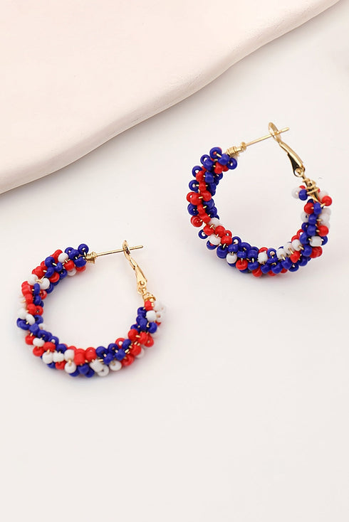 Patriotic Beaded Star And Stripe Pattern Hoop Earrings