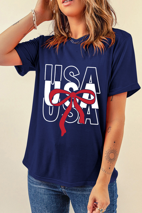 Patriotic Bow Graphic Print Short Sleeve Cotton Blend Tee