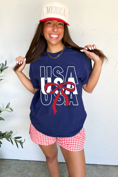 Patriotic Bow Graphic Print Short Sleeve Cotton Blend Tee