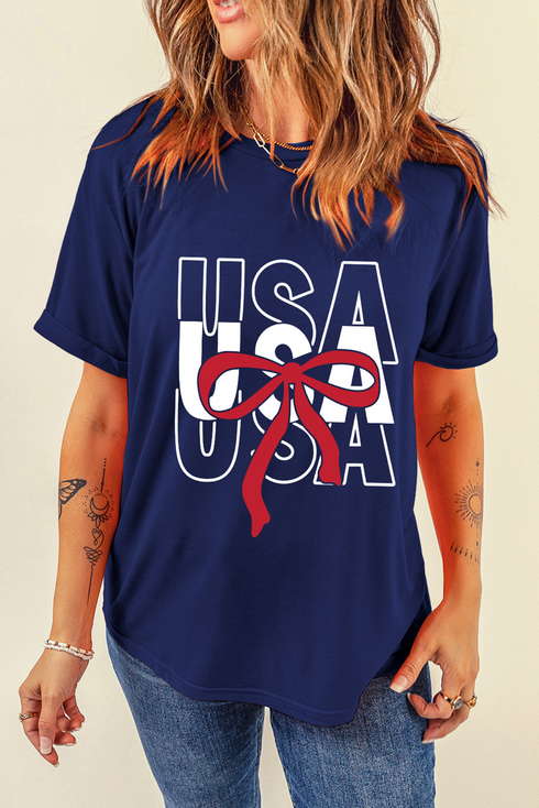 Patriotic Bow Graphic Print Short Sleeve Cotton Blend Tee
